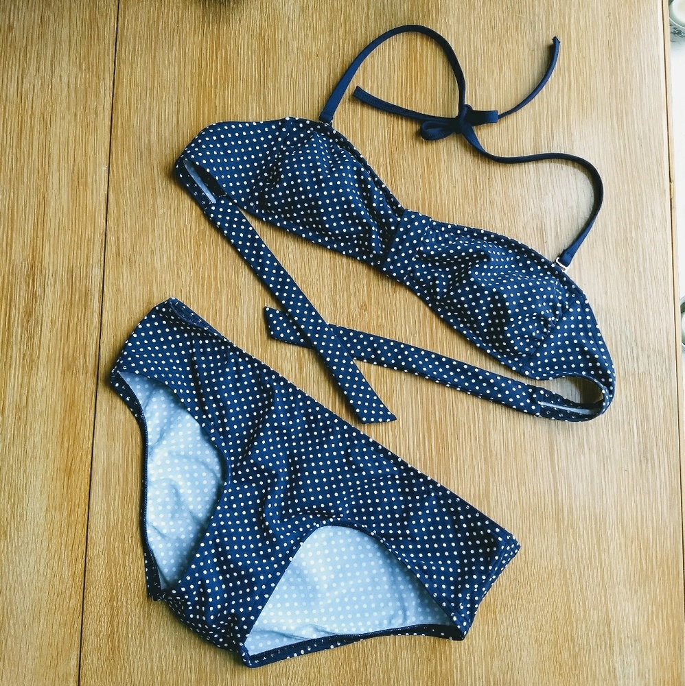 Lands End canvas bikini navy polkadot NWOT